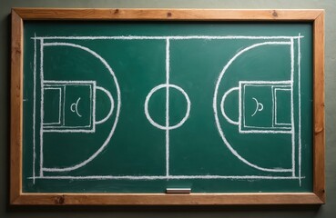 Hand drawn basketball court design on green chalkboard. Chalkboard shows court lines including circles key areas. Sport concept with creative education art drawing.