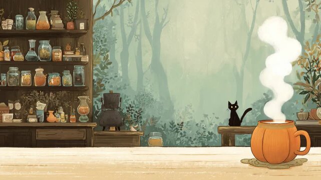 Orange pumpkin-shaped mug with steam on wooden table in witch kitchen with shelves of glass jars, herbs, black cat, and forest view through window. concept of magic cafe, Halloween decoration.