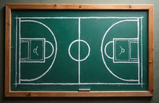 Hand drawn basketball court design on green chalkboard. Chalkboard shows court lines including circles key areas. Sport concept with creative education art drawing.