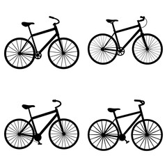 Four bicycle silhouettes in a grid pattern showcasing different bicycle designs and styles in simple black lines
