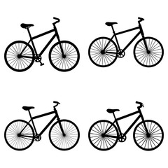Four black bicycle silhouettes arranged in a square pattern on a white background creating a simple design