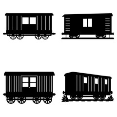 Four silhouette illustrations of train cars with windows and wheels on a white background layout view