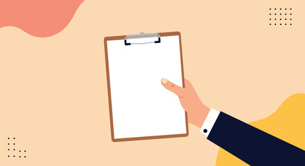 A hand holding a blank clipboard with colorful abstract shapes in the background.