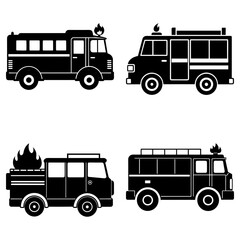Illustration showing a set of four black and white fire trucks with flames on top of the vehicles