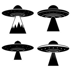 Four ufo illustrations in black and white showing different designs and light beam effects in vector art