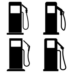 Collection of four gas pump icons in black silhouette with fuel hose and nozzle on a white background