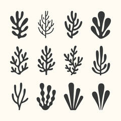 Fototapeta premium Vector art of collection of twelve abstract botanical and coral illustrations in black on a cream background