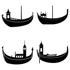 Four silhouette illustrations of venetian gondolas with detailed architectural elements on a white background