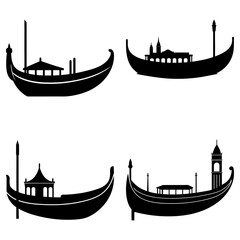 Silhouette illustration featuring four different gondola designs in a symmetrical arrangement