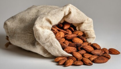 Full sack of almonds spilling onto a neutral surface.