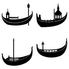 Four gondola boat silhouettes with varying designs against a white background in a simple vector style