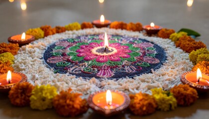 Beautiful Diwali Rangoli pattern with glowing diyas and marigold flowers for Indian festival celebration
