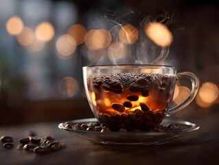 A steaming glass cup filled with dark coffee and whole beans set against a warm bokeh background