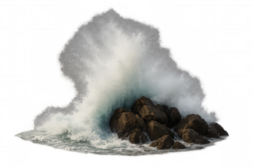 Ocean wave crashing on coastal rocks, powerful sea water energy, movement, splash, nature environment
