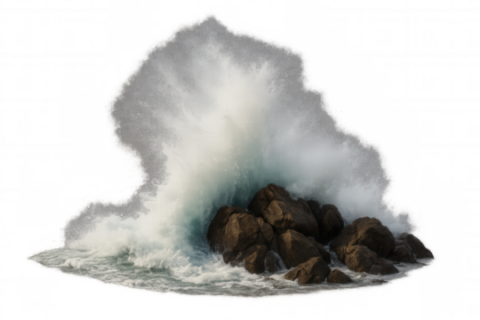 Ocean wave crashing on coastal rocks, powerful sea water energy, movement, splash, nature environment