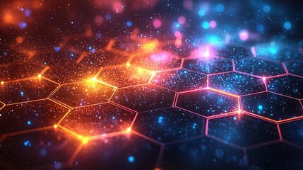 Abstract background with colorful glowing hexagons on dark blue gradient, big data and cyber tech concept in night sky wireframe

