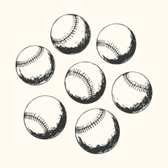 Vector art of a handdrawn sketch of seven baseballs arranged in a circular pattern on a light cream background, evoking a vintage or artistic feel