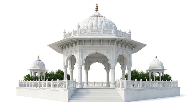 Ornate white marble pavilion with domes and intricate carvings isolated on white background