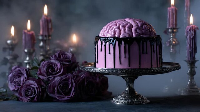 Purple brain-shaped cake with black glaze on silver stand surrounded by dark purple rose and candle. Concept of Halloween dessert, spooky treat, festive decoration.