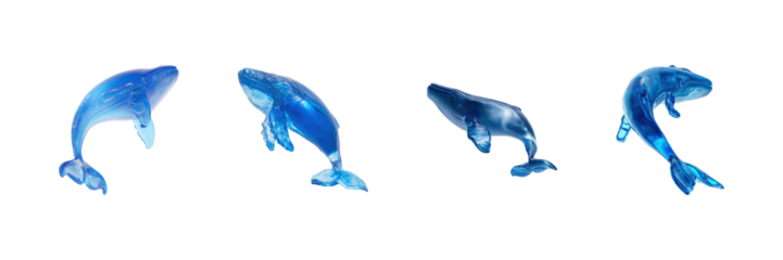 Blue Whale Glass Sculptures Set. Marine Artistry And Oceanic Decor Collection Isolated On Transparent Background