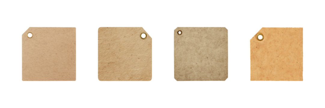 Square Kraft Paper Tags Set. Eco-Friendly Labeling And Crafting Collection Isolated On Transparent Background