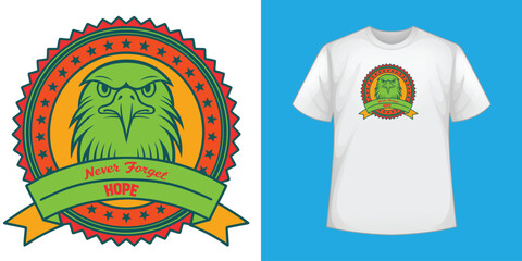 Bold Eagle Emblem with Patriotic Banner and Motivational Message “Never Forget HOPE” on T-Shirt Design for Empowerment and Remembrance