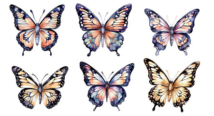set of 6 colorful butterflies isolated butterfly watercolor style illustration clipart muted neutral tones