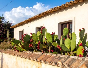A sunny scene showcases a white stucco building with a terracotta tiled roof. Cacti with bright red fruit adorn the wall