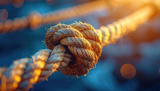 Thick Rustic Rope Tied in a Secure Knot Illuminated by Warm Golden Hour Sunlight Creates a Strong Connection Symbolism