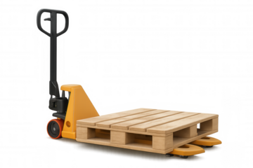 Hand pallet truck lifting wooden pallet on transparent background, freight logistics and warehouse operations