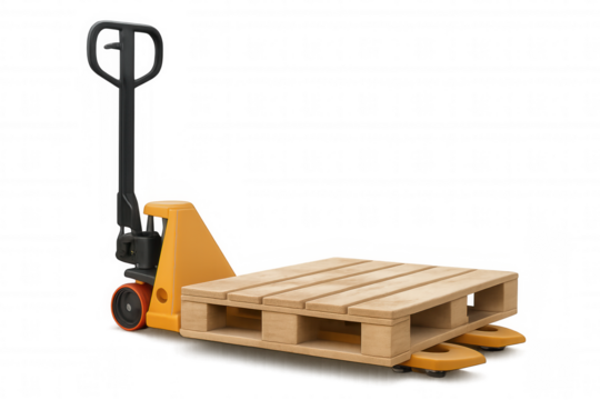Hand pallet truck lifting wooden pallet on transparent background, freight logistics and warehouse operations