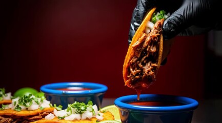 Delicious birria tacos with beef, onion, cilantro, lime, and dipping sauce on a wooden board