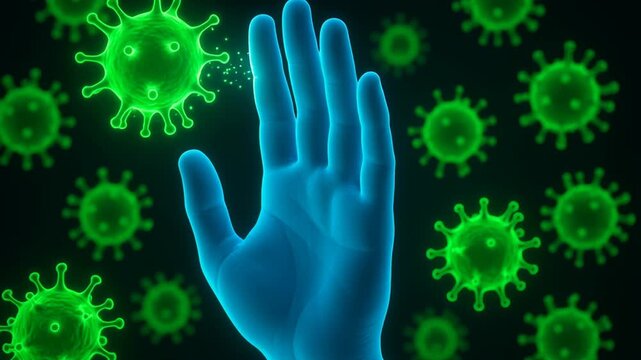 Hand making stop gesture against floating green viruses, symbolizing health protection in digital illustration for awareness