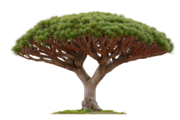 Dragon's Blood Tree: A solitary dragon's blood tree showcases its iconic umbrella-shaped canopy, its unique branches and vibrant green foliage standing against a backdrop.