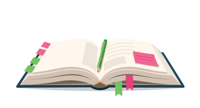 An open textbook with a pencil and sticky notes marking important sections for learning.