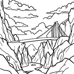 Minimilist a bridge stretches across a canyon with rocky cliffs and a river flowing beneath it under a cloudy sky vector