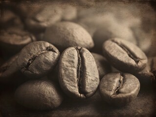 Obraz premium Close up ro view of aged sepia toned coffee beans highlighting their rich texture and aromatic essence
