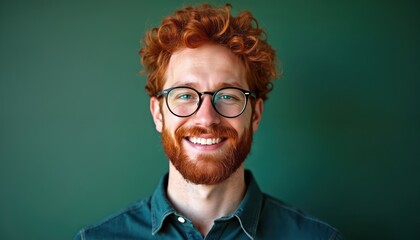 Cheerful man smiles at camera. Positive male with red hair and beard poses in front of green wall. Portrait of modern guy wears stylish glasses with friendly attitude.