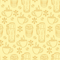 Seamless pattern with coffee cups, mugs, and snowflakes in warm tones, hand drawn in cozy style. Concept of winter comfort, hot drinks, and seasonal warmth