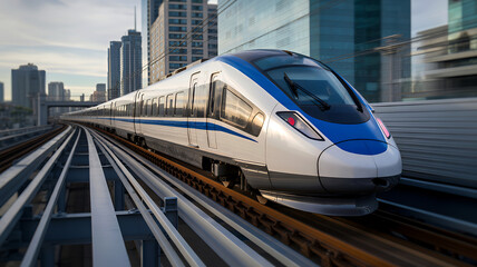 Naklejka premium Modern high-speed train on elevated tracks with city skyline in the background representing urban transportation and technology