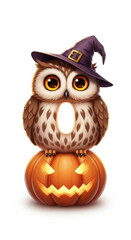 Fototapeta premium Owl with big eyes wearing witch hat sitting on carved pumpkin with glowing face, Halloween theme, white background, cute and whimsical illustration