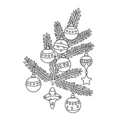 Scalable black and white vector line art illustration of festive christmas tree ornaments and pine sprigs for eps download silhouette vector illustration white background
