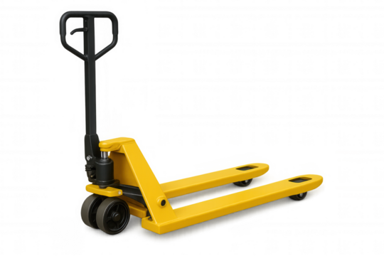 Yellow pallet truck, also known as a pallet jack, for lifting and moving heavy loads in warehouses and distribution centers