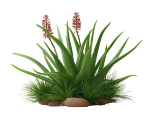 Aloe Vera's Flourish: A close-up shot showcasing a thriving Aloe vera plant in full bloom, with its succulent leaves and delicate red flowers.