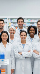 Fototapeta premium Group of diverse pharmacists in white lab coats standing together in pharmacy, smiling confidently, representing teamwork, professionalism, and healthcare service