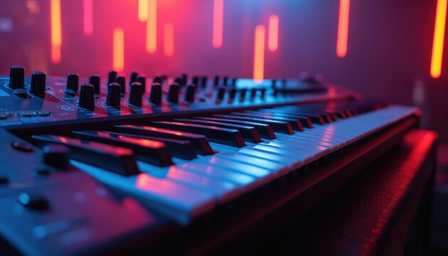 Synthesizer keyboard on stage with vibrant club lights. Music production equipment in colorful neon lighting. Electronic music instrument for performance, recording. Professional audio tech for live