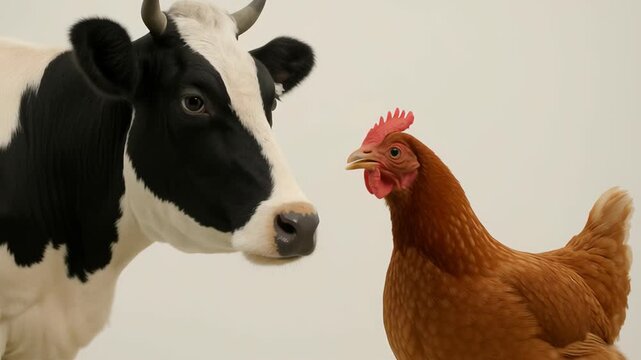 Charming Farmyard Scene with Cow and Chicken Showcasing Unique Features and Colors of Black and White Livestock and Poultry Animals