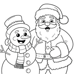 Scalable vector illustration black and white line art of santa claus and snowman festive holiday graphic silhouette vector illustration white background