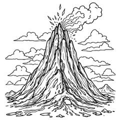 Minimilist illustration of a volcano erupting with smoke and lava surrounded by clouds in a black and white landscape vector © MuhammadNajafAli
