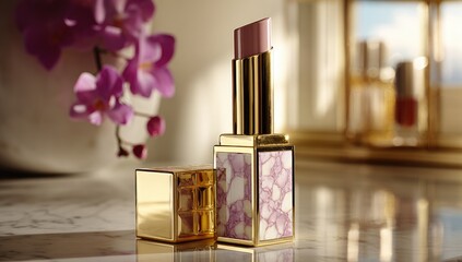 Luxury lipstick rests near a decorative container and orchids.